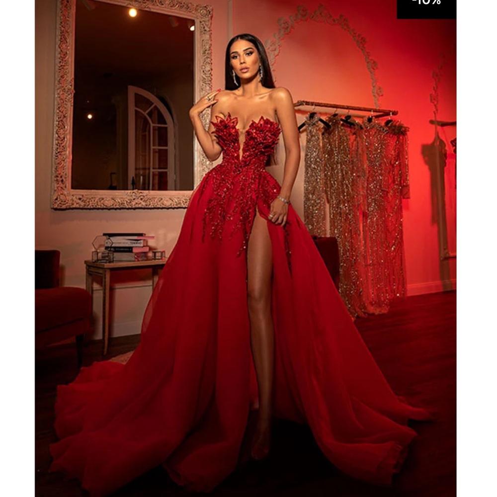 Strapless Scarlet Gown with Floral Detailing